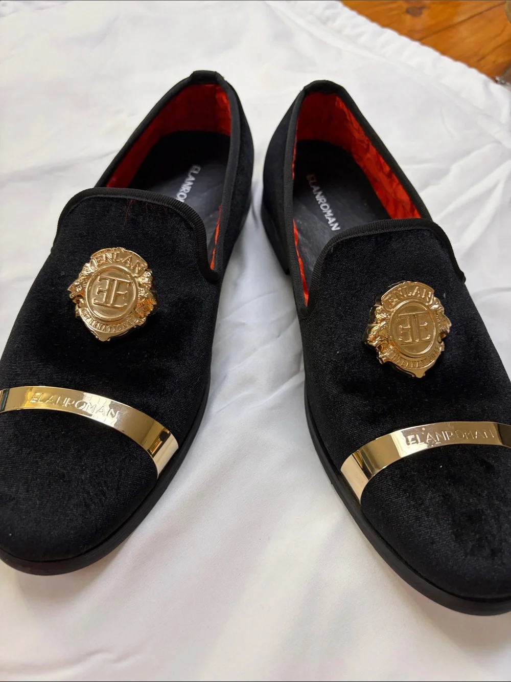 Black Velvet Slip-On Loafers with Gold Crest and Toe Bar by
